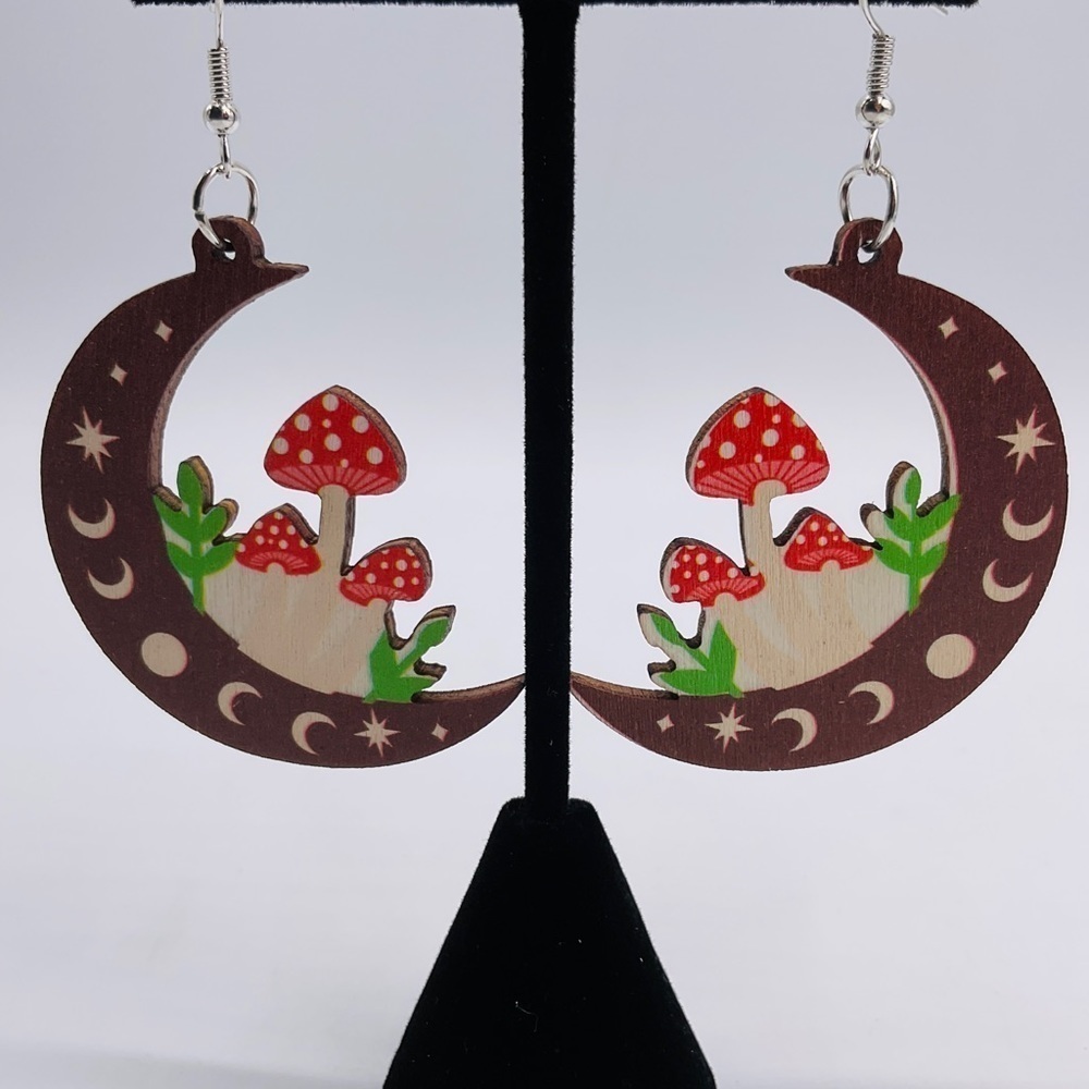 Mushroom Moon Earrings Phases Boho Laser Cut Wood Lightweight Cottage Festival